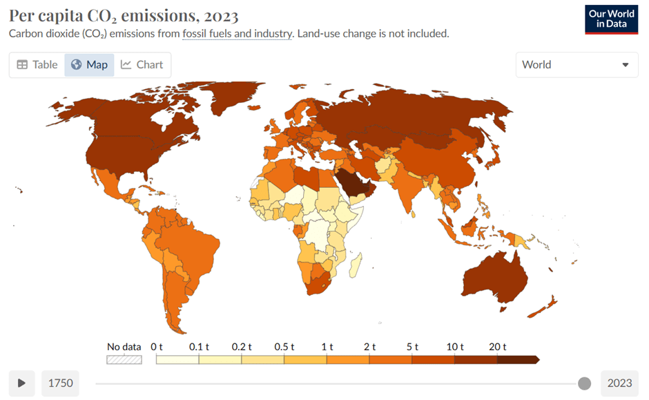 Per capita CO2 emissions, 2023 World Map